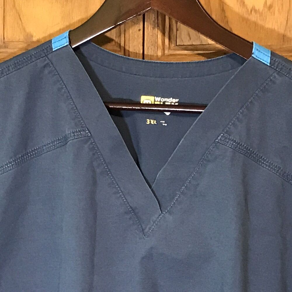 Wonder Winks Flex Scrub Top Women's 3X Navy Cotton Blend Pockets V-Neck Medical